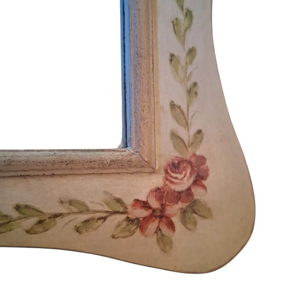 Cottage Core French Country Antiqued Green Pink Yellow Floral Wall Mirror 15.5